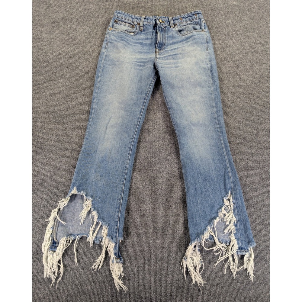R13 Kick Fit Long Jeans 27 Mason Blue Torn Distressed Frayed Hem Made in Italy
